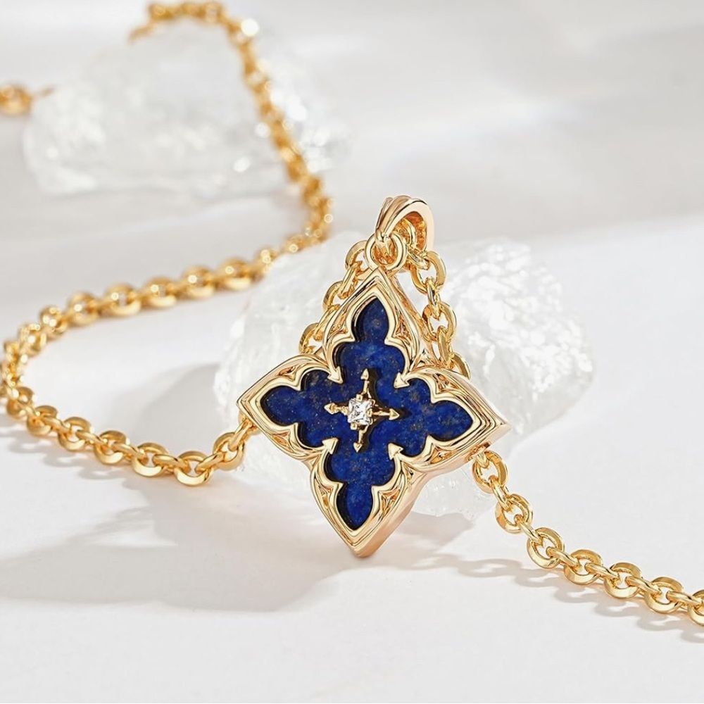 14K Gold Clover Necklace Blue Lapis Lazuli Charm Pendant Flower Chain Dainty